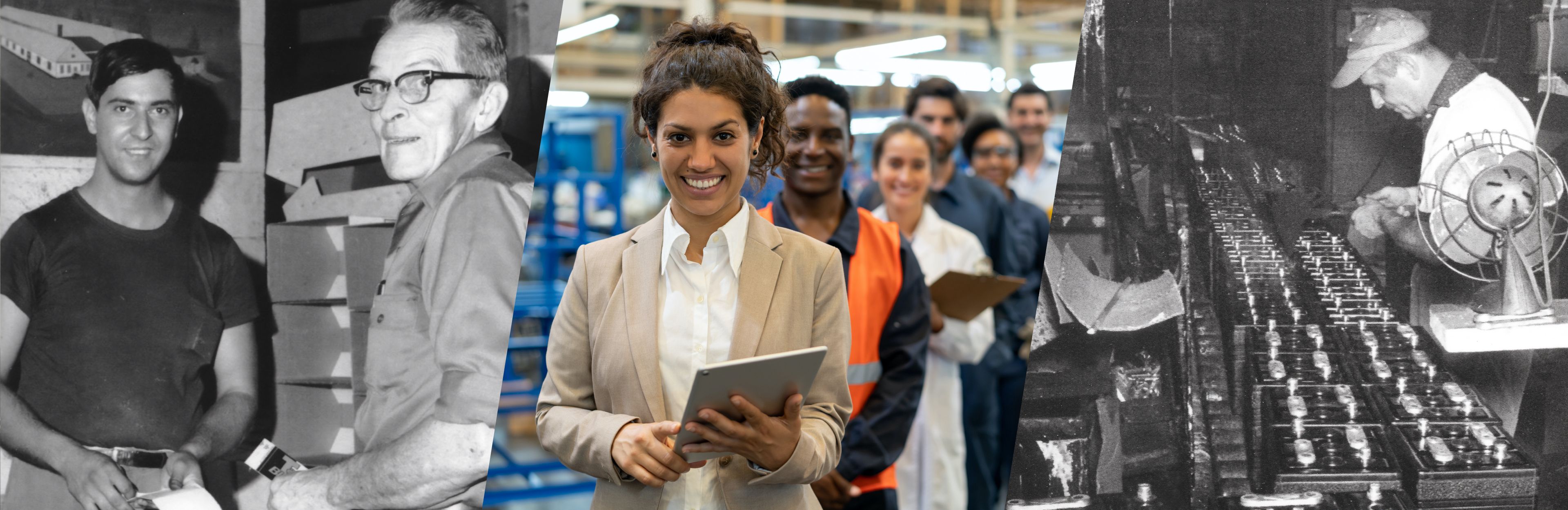 Black and white picture of a Caucasian man in his 20s and a 80 year old , next to this picture a middle eastern woman holding an ipad and behind her an African man and behid her a Caucasian woman with a clipboard, next to him a black and white photo of a man working at a factory