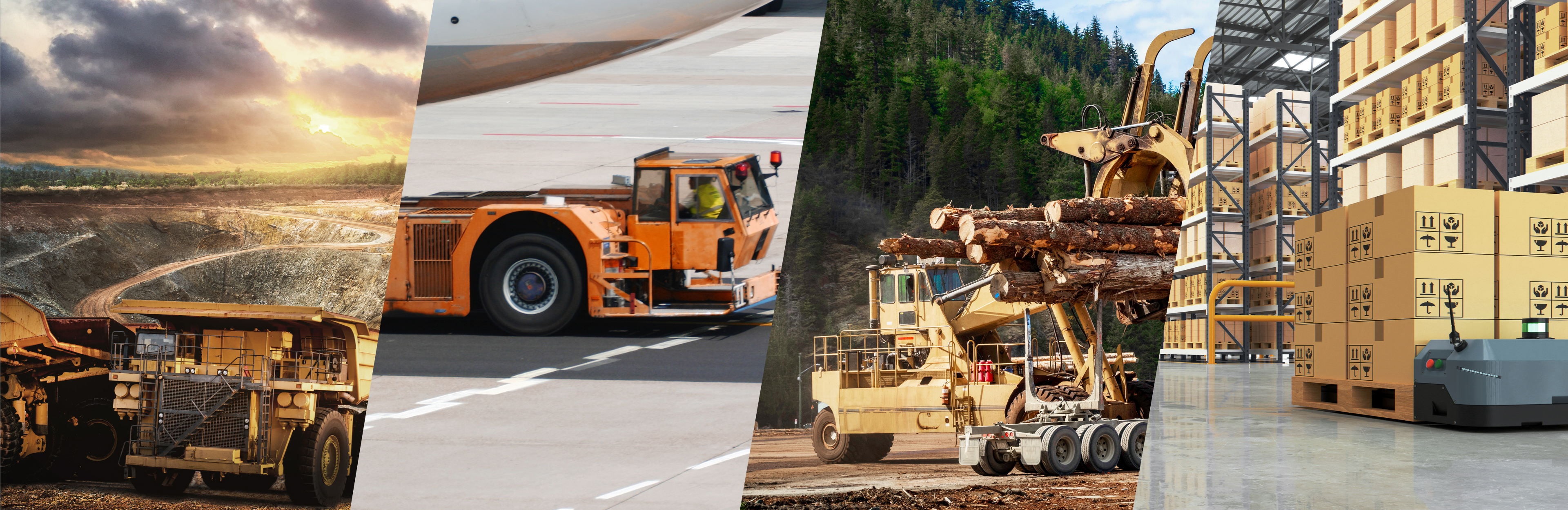 Background image divided into four panels, panel one shows an excavator truck, panel two shows a transport truck, ,thirs panel shows truck carrying lumber, fourth panel shows a warehouse with boxes on shelves