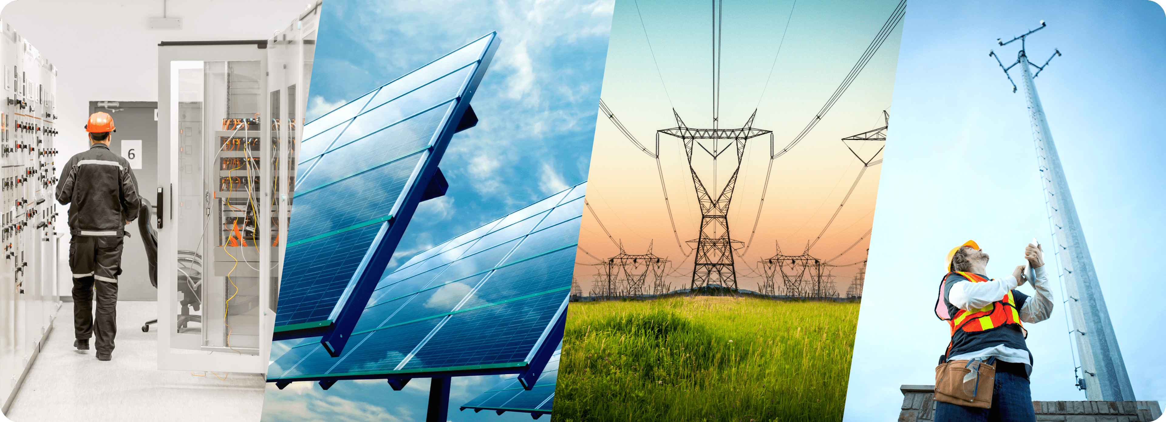 Background image divided into four panels , panel one shows an electrician  wearing an orange helmet, second panel shows a blue solar panel, third panel shows a power tower, fourth panel shows blonde man wearing yellow hard hat l holding a clipart, looking up to inspect an electric tower