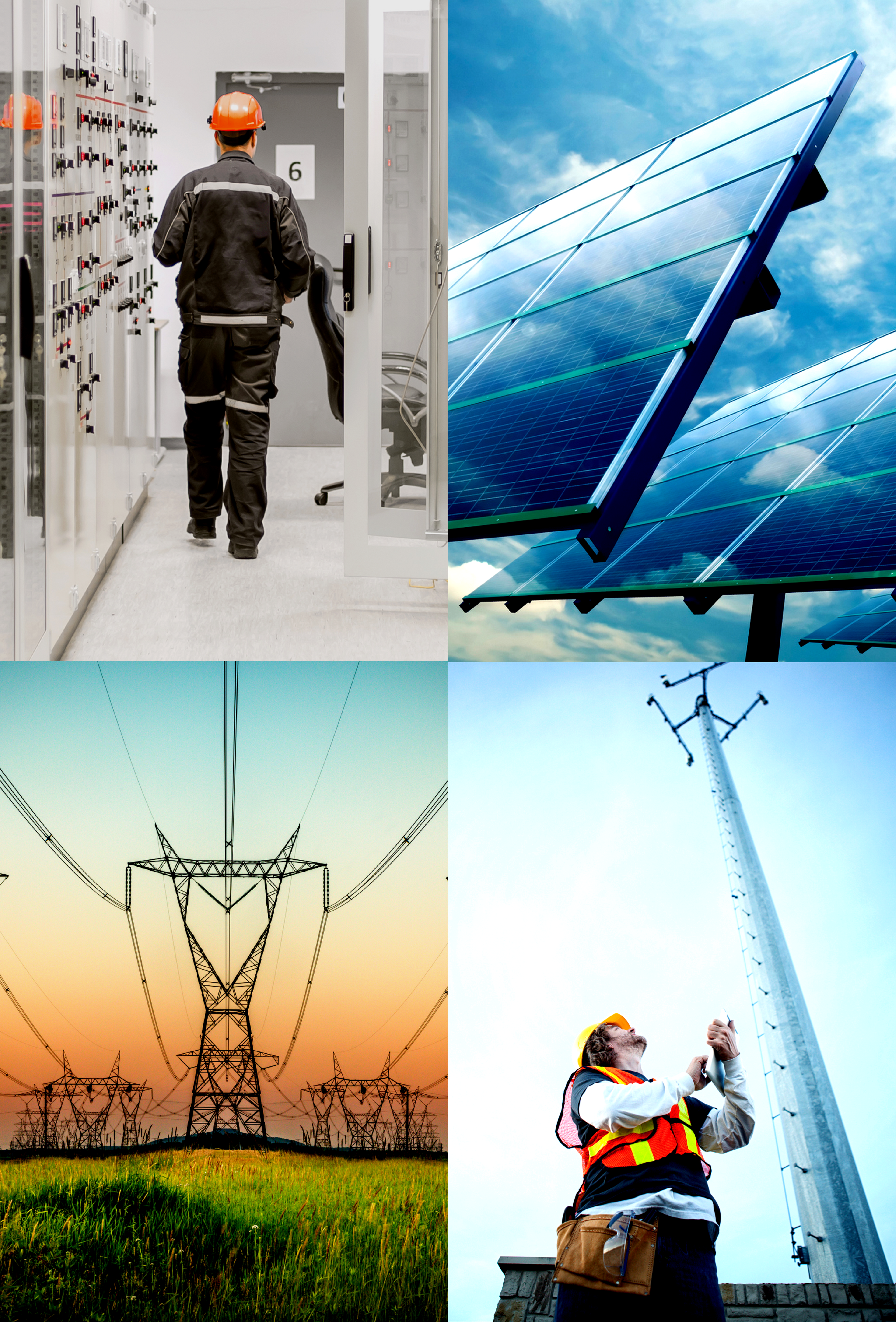 Background image divided into four panels , panel one shows an electrician  wearing an orange helmet, second panel shows a blue solar panel, third panel shows a power tower, fourth panel shows blonde man wearing yellow hard hat l holding a clipart, looking up to inspect an electric tower