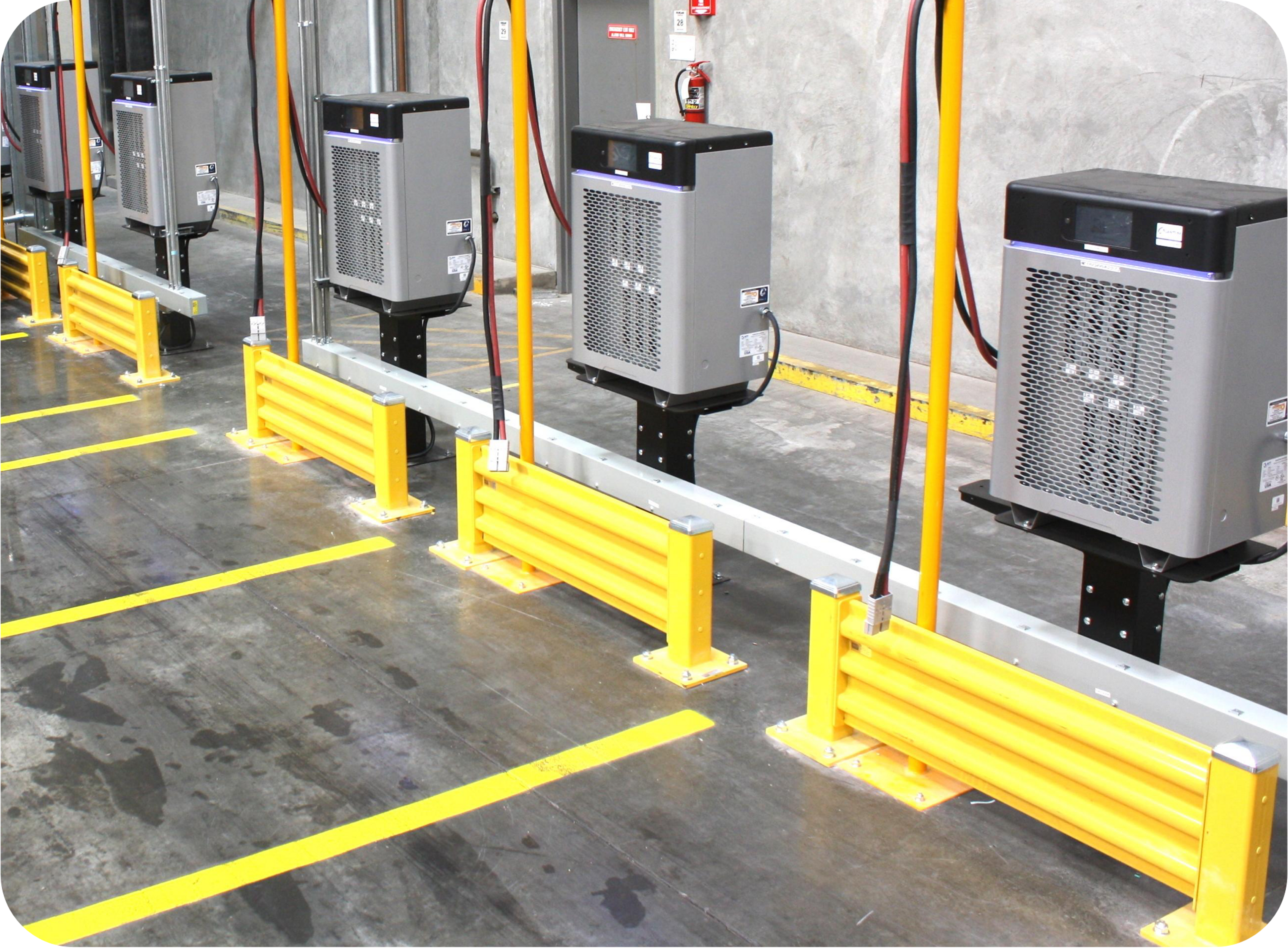 Picture of battery room showing 5 battery chargers in a fast charging battery charging station