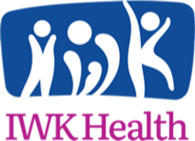 Logo of "IWK Health" in purple letter with an illustration of two men's abstract silhouettes and the abstract of a female figure holding a baby in blue