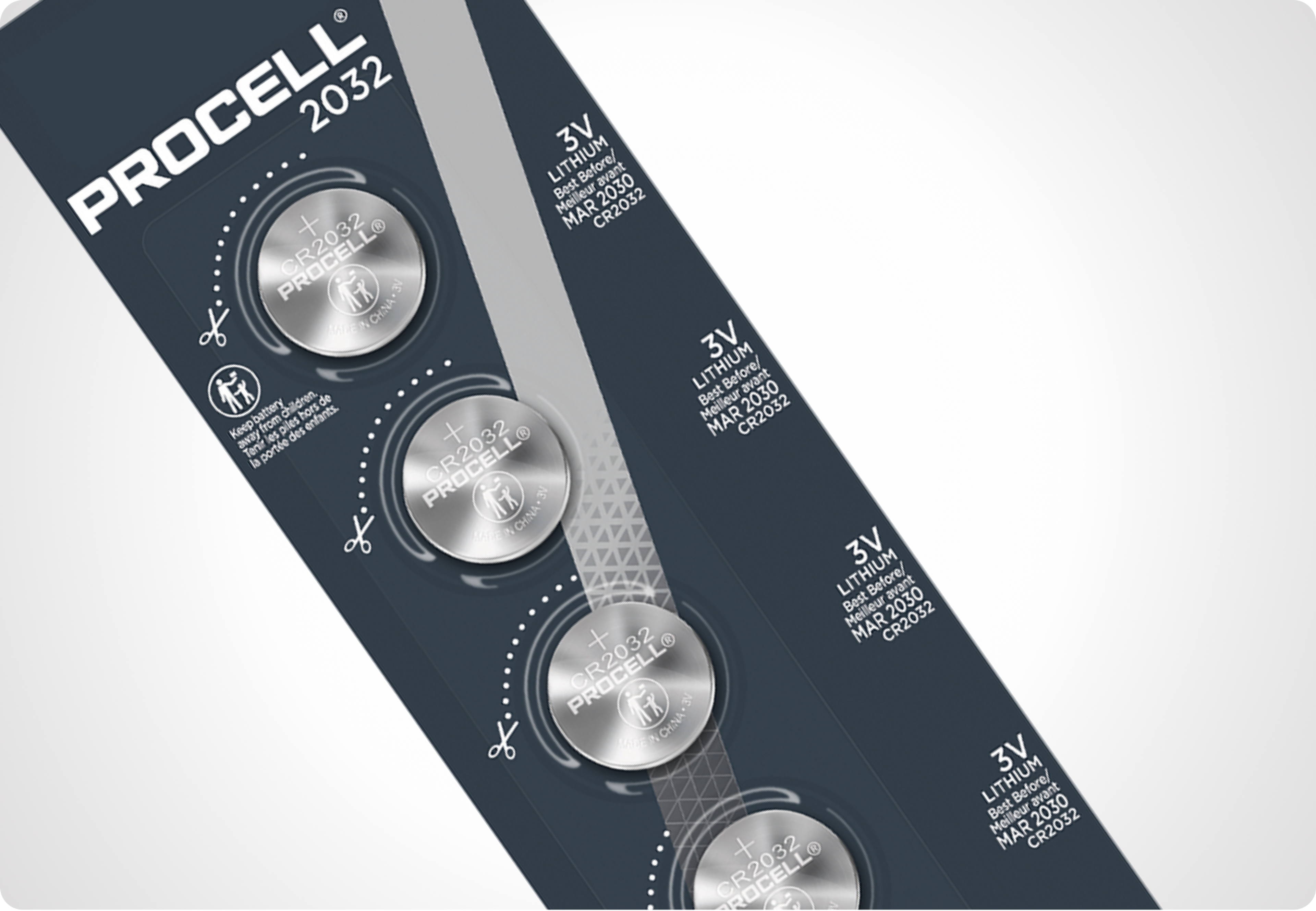 Picture of package strip with four Procell coin cell batteries