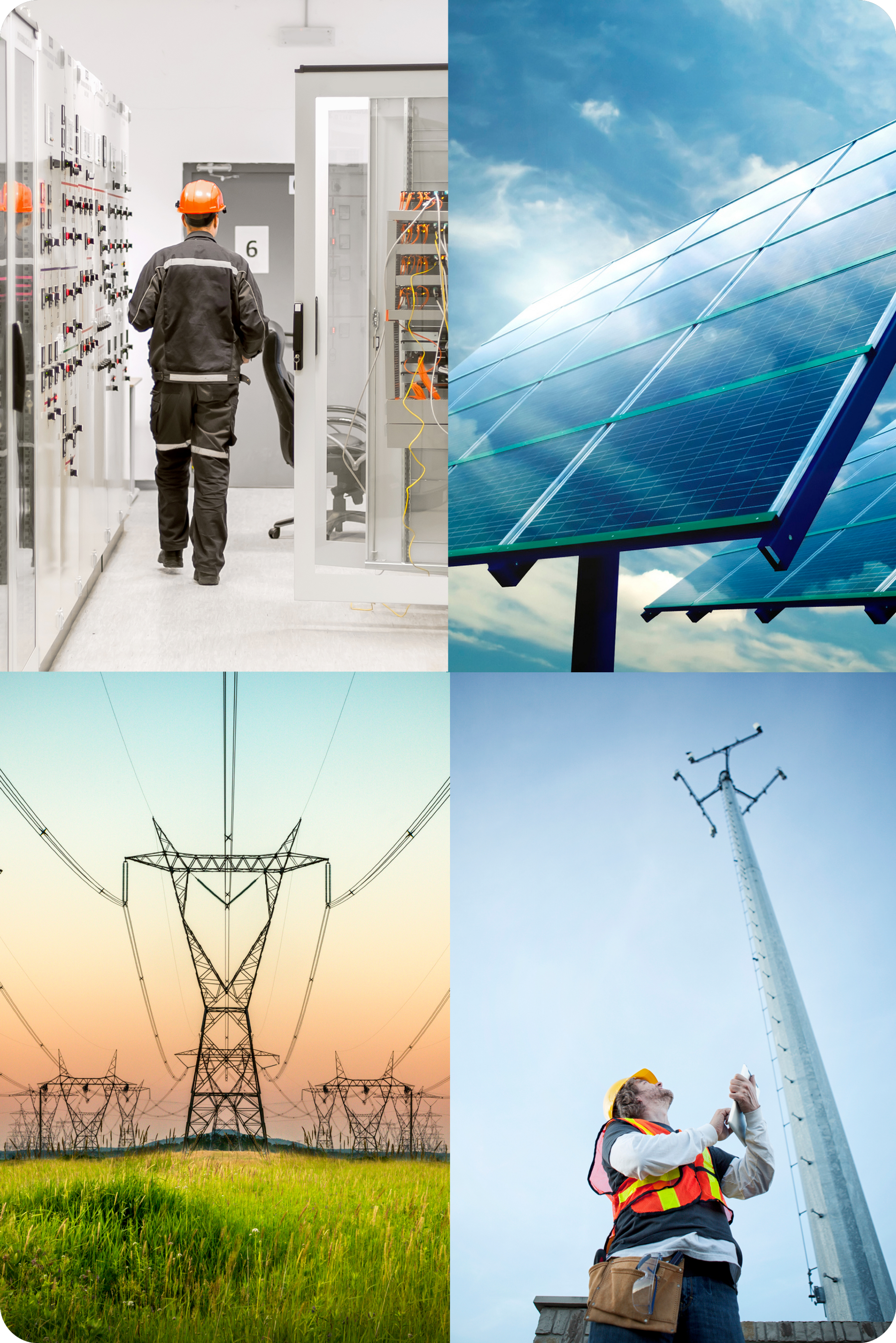 Background image divided into four panels , panel one shows an electrician  wearing an orange helmet, second panel shows a blue solar panel, third panel shows a power tower, fourth panel shows blonde man wearing yellow hard hat l holding a clipart, looking up to inspect an electric tower