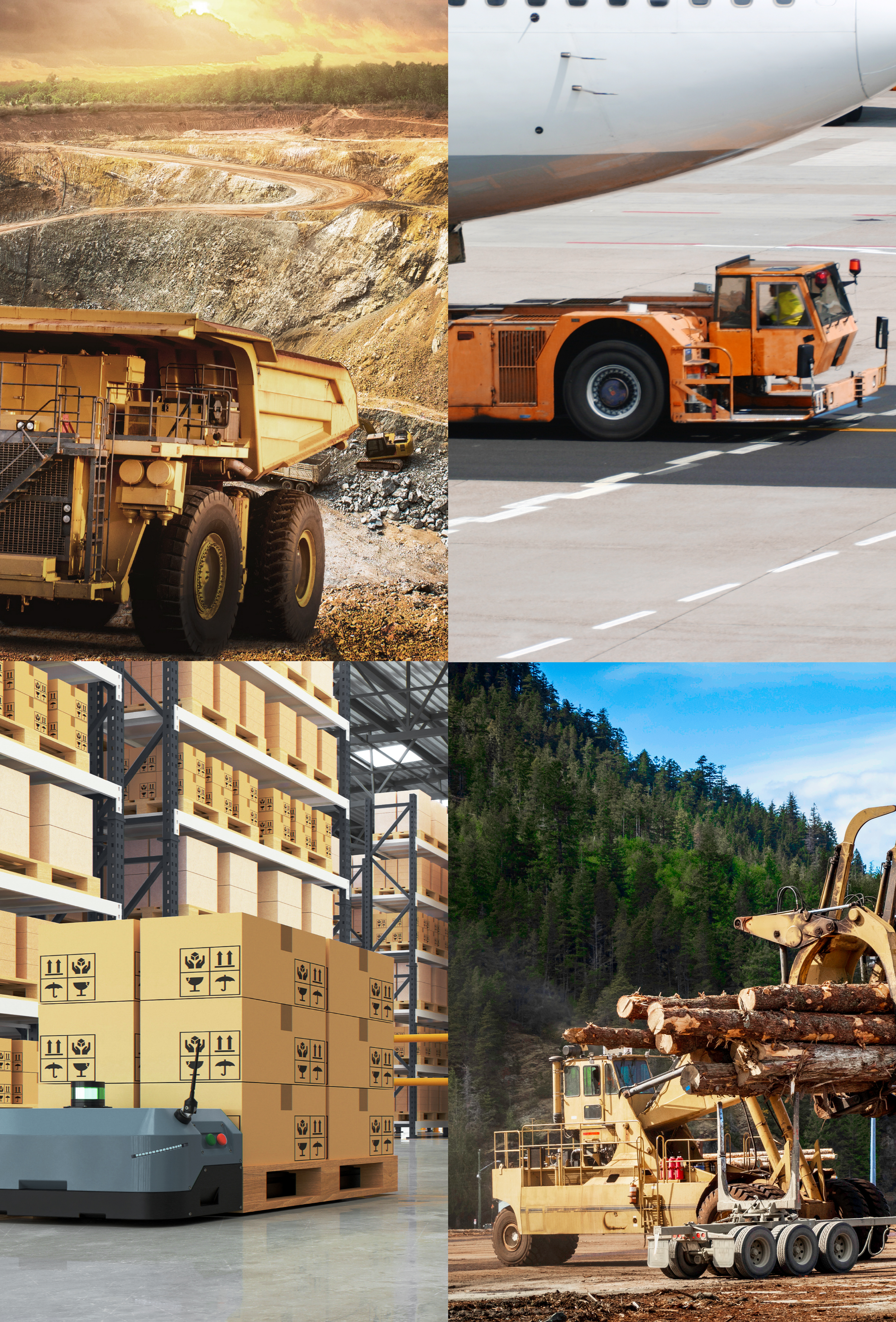 Background image divided into four panels, panel one shows an excavator truck, panel two shows a transport truck, ,thirs panel shows truck carrying lumber, fourth panel shows a warehouse with boxes on shelves