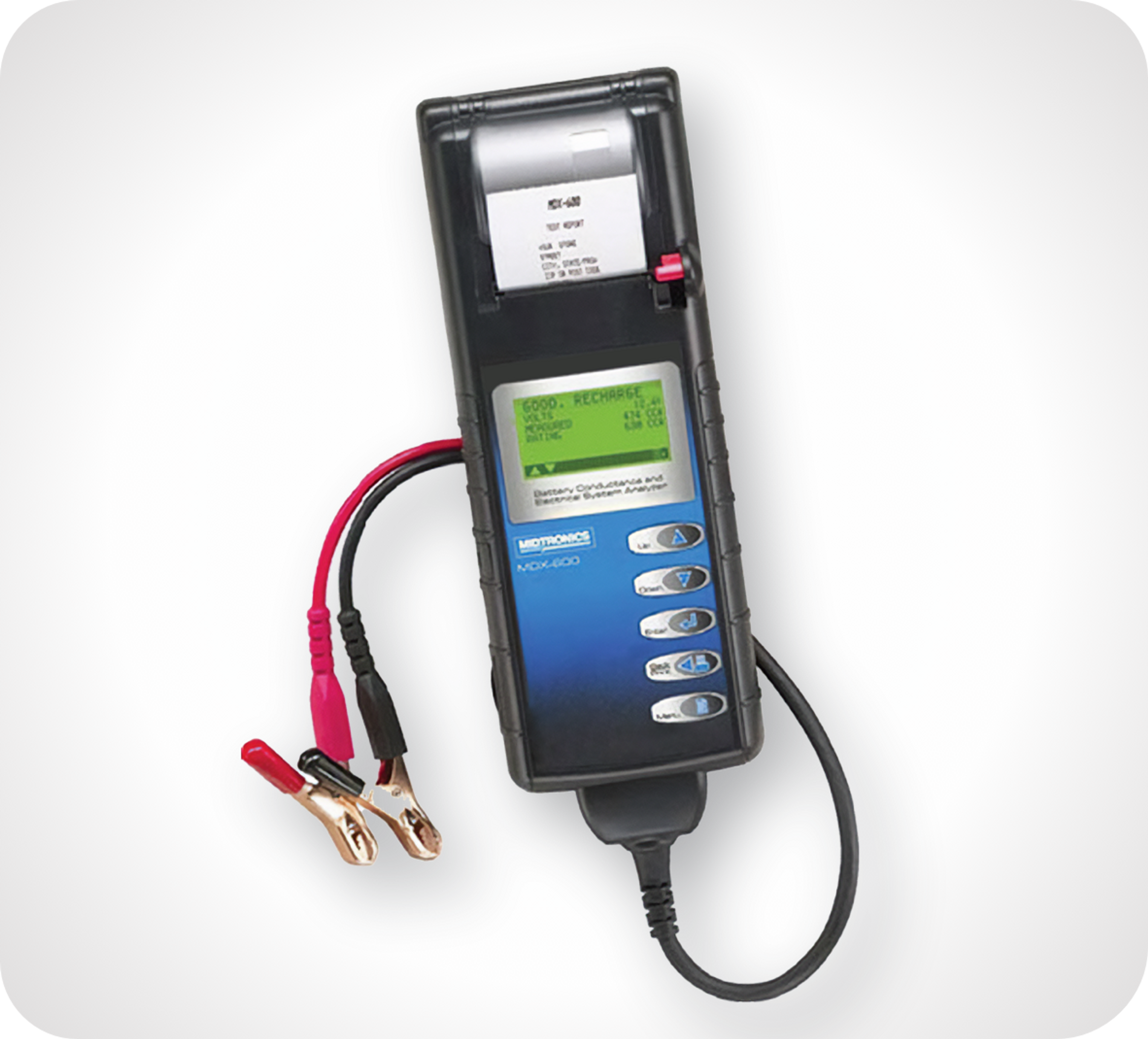 Picture of a handheld battery tester machine MDX-650P SOH Battery and Electrical System Analyzer with two electric cables with metal electrical clamp ends 