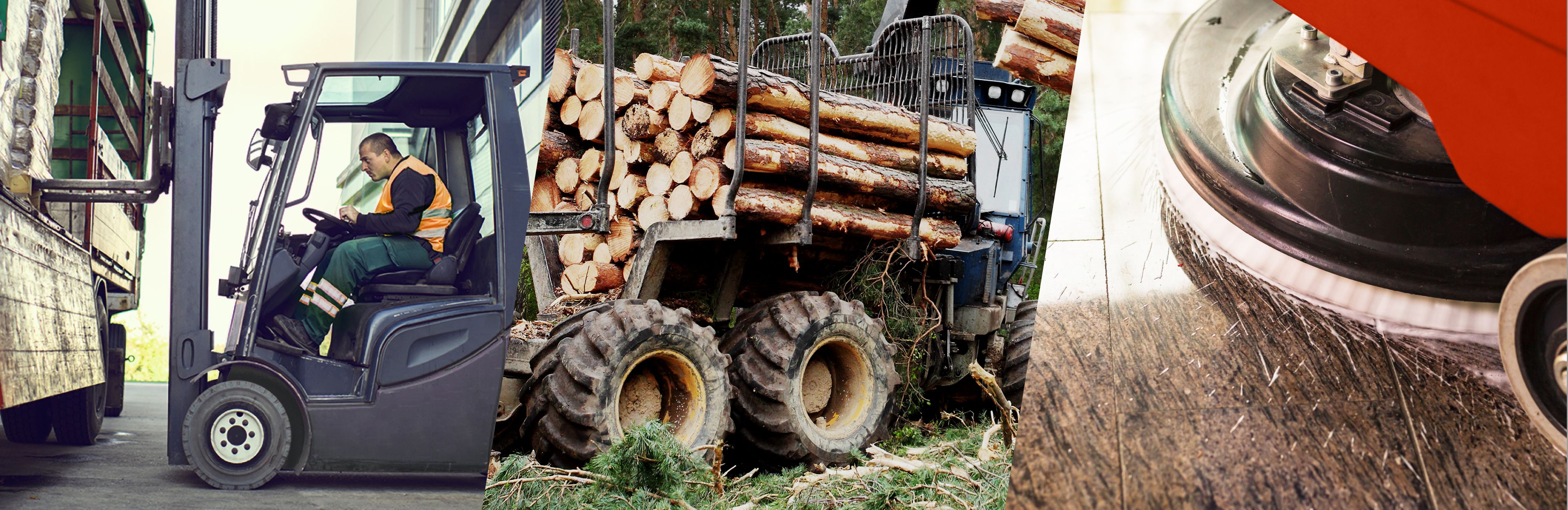 Image composed of three image panels, panel one shows a man operating a forklift, panel two shows a forklift transporting lumber, third panel shows a closeup of a red lawn mower cutting grass