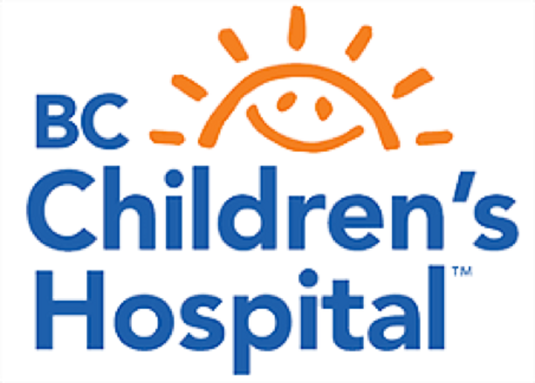 Logo of BC Children's Hospital in blue letters and illustration of smiling hand drawn sun