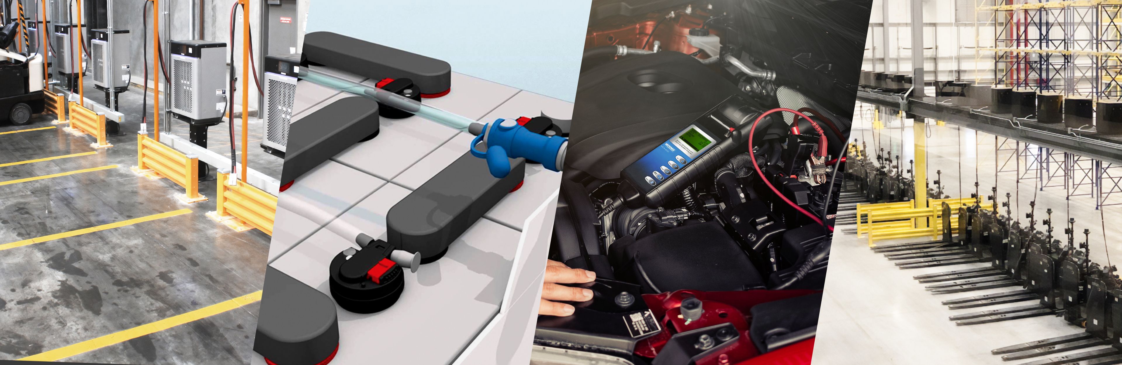 Background image divided into four panels , panel 1 shows battery room, panel 2 shows a hose spraying a battery, thurd panel shows a male hand using a hand held charger inside the open hood of a car