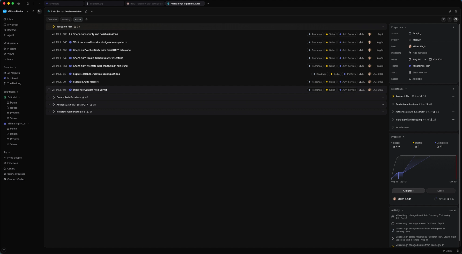 Linear project view of the auth server project with milestone issues minimized.