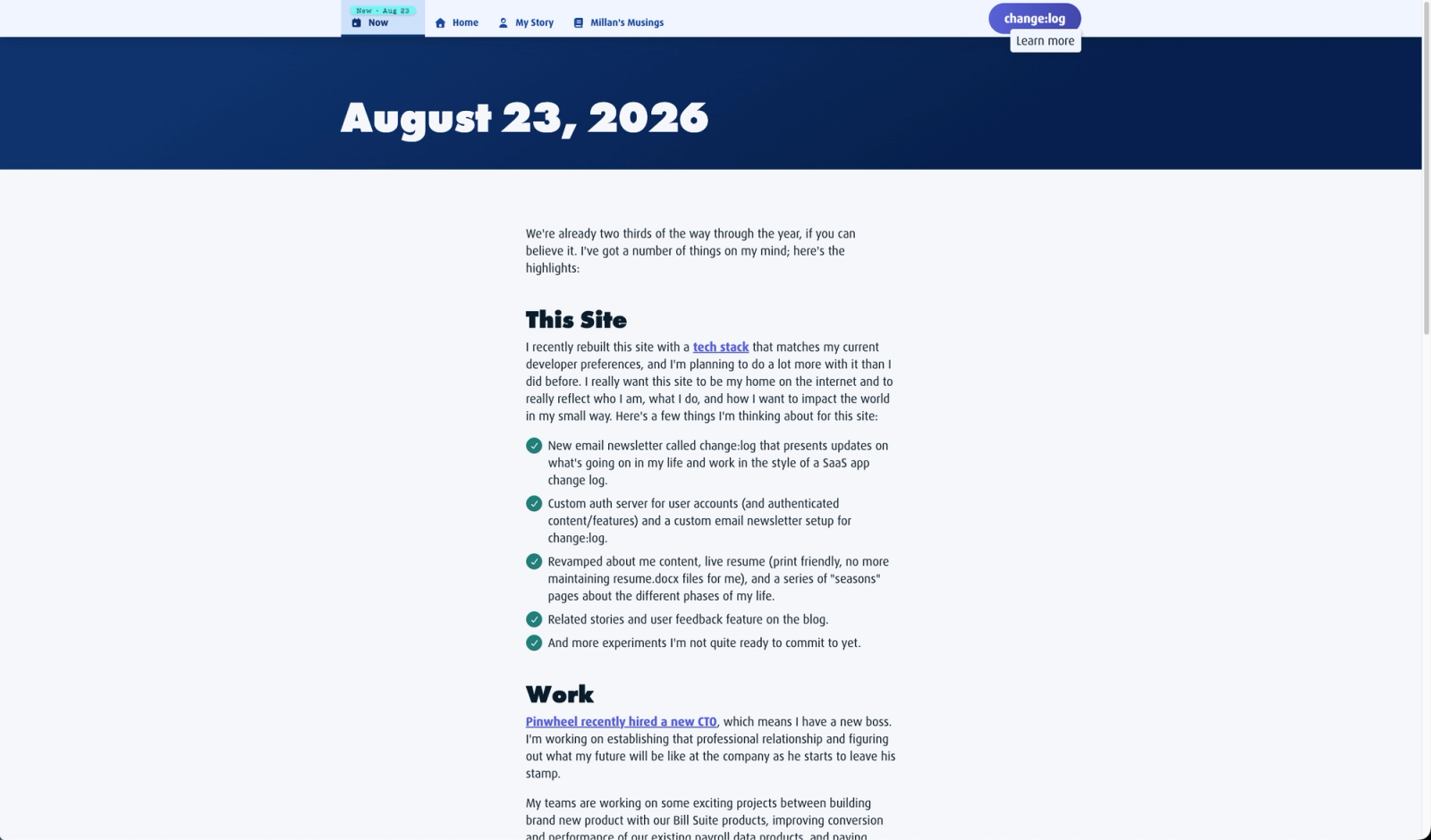 Screenshot of millansingh.com showing the /now page as of the time of writing.