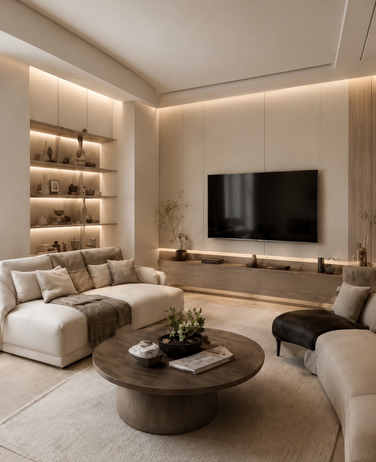 Warm minimal living room with built-in shelving and a low-profile sofa