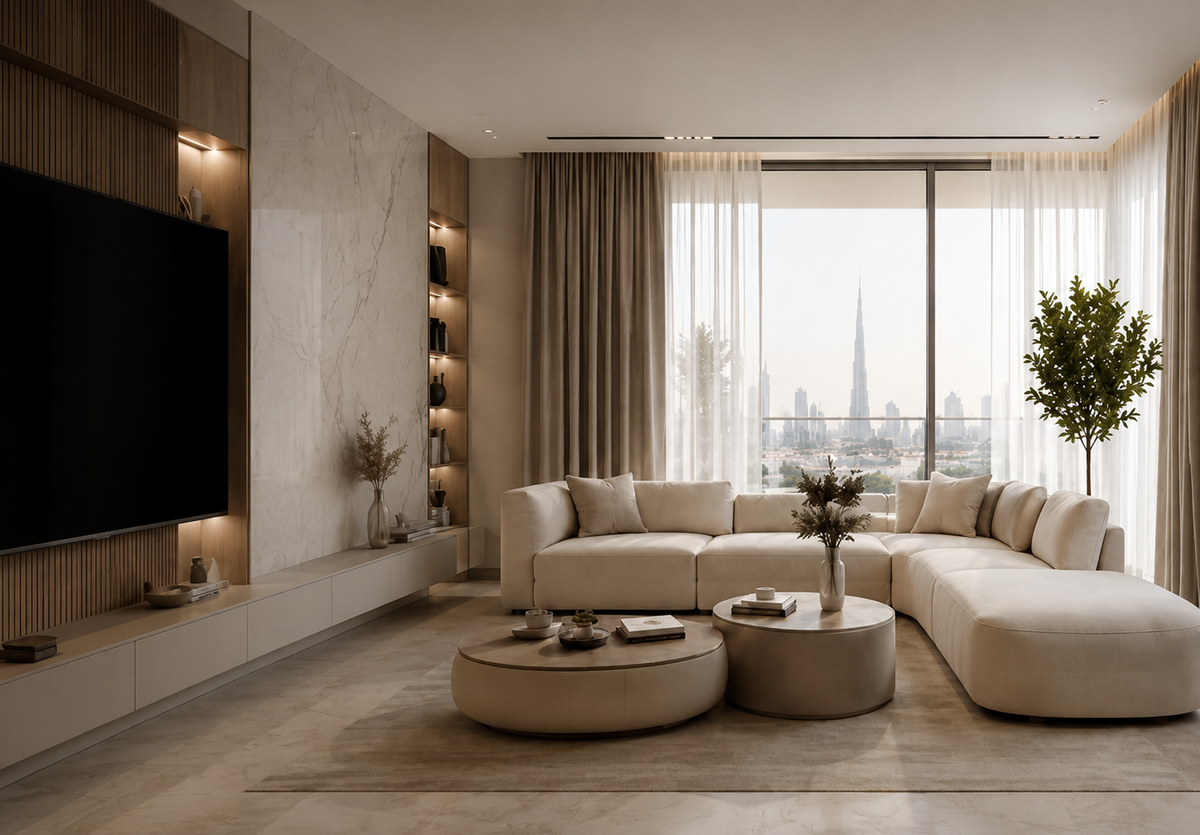 Modern living room with curved beige sofas and a panoramic view of the Dubai skyline