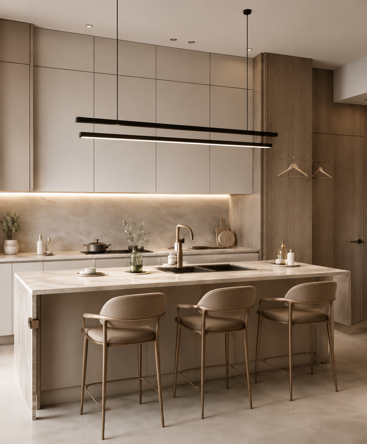 Contemporary kitchen with stone island, pendant lighting and warm wood tones