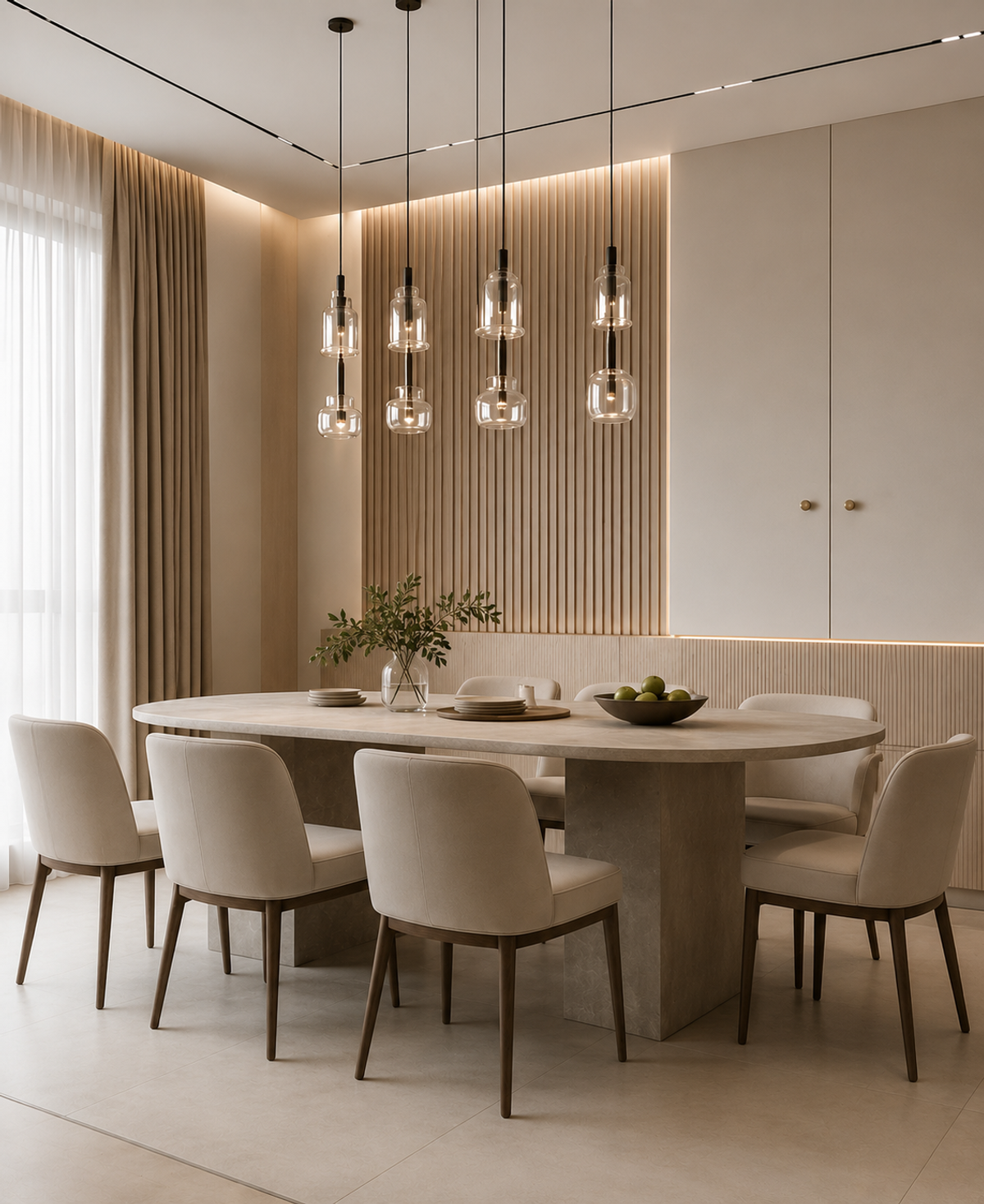 Intimate dining room with upholstered chairs and a sculptural pendant cluster