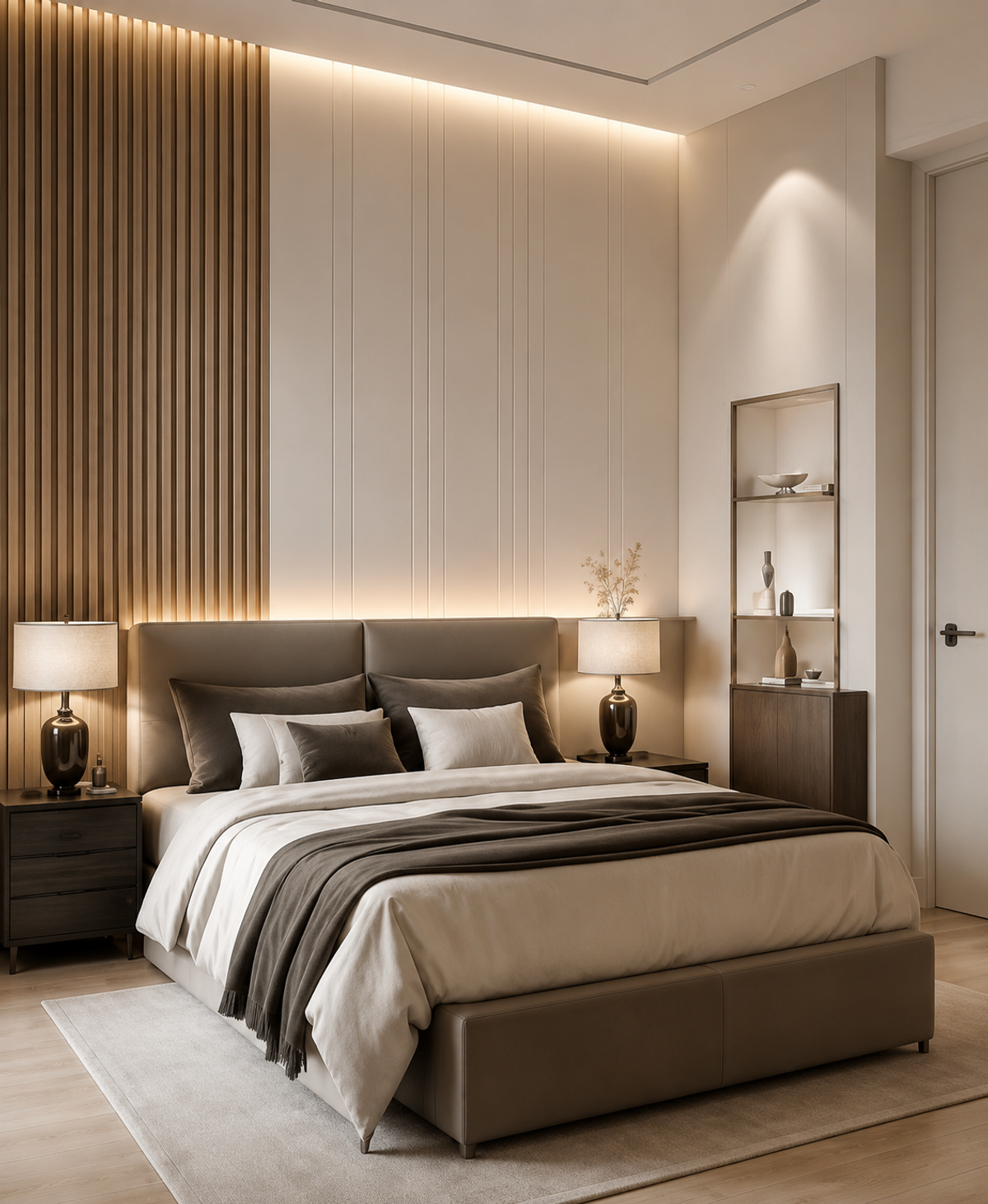 Refined bedroom with fluted wood panelling, layered linens and a marble side table