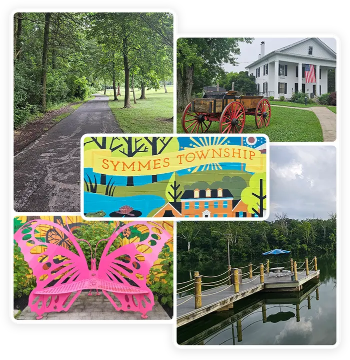 Photo collage of Symmes Township, Ohio, including a wooded trail, a historic homestead, a welcome mural, a butterfly bench, and a lakeside dock