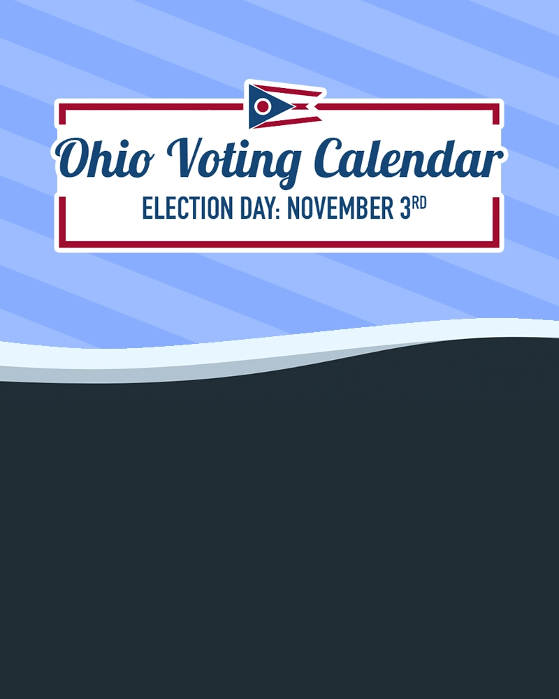 Ohio Voting Calendar graphic on a light blue striped background, featuring the Ohio state flag and the heading Election Day: November 3rd