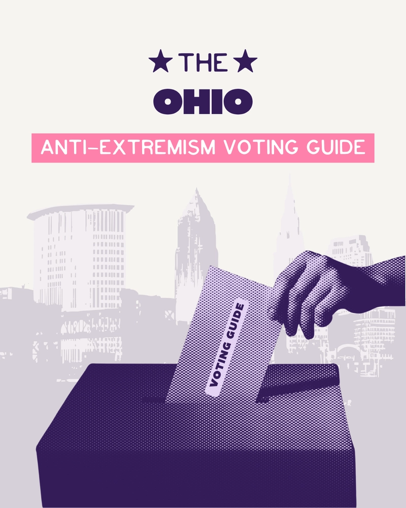 Illustration of a hand inserting a Voting Guide card into a ballot box in front of an Ohio city skyline, titled The Ohio Anti-Extremism Voting Guide