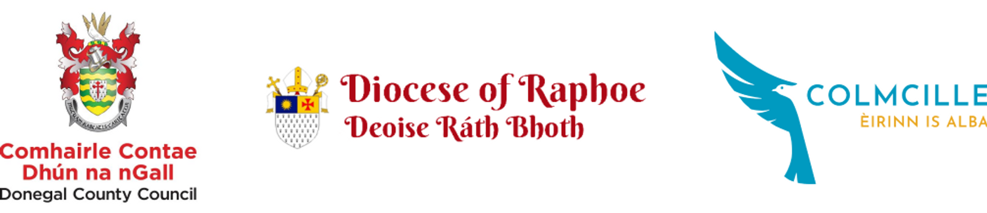 Supporter logos for Donegal County Council, Raphoe Diocese and Colmcille 1500
