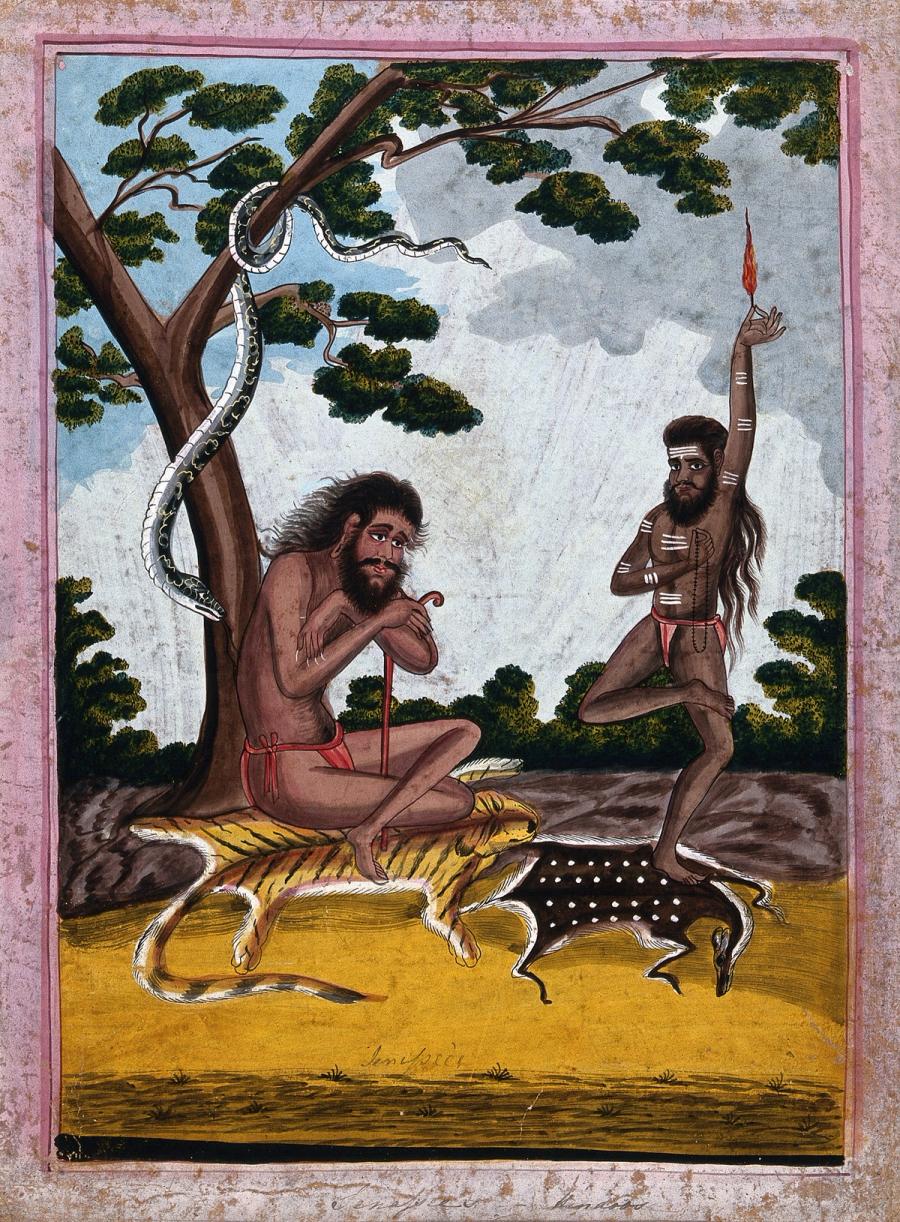 Indian gouache painting of two yogis beneath a tree, one seated in meditation on a tiger skin, the other standing on one leg holding fire aloft