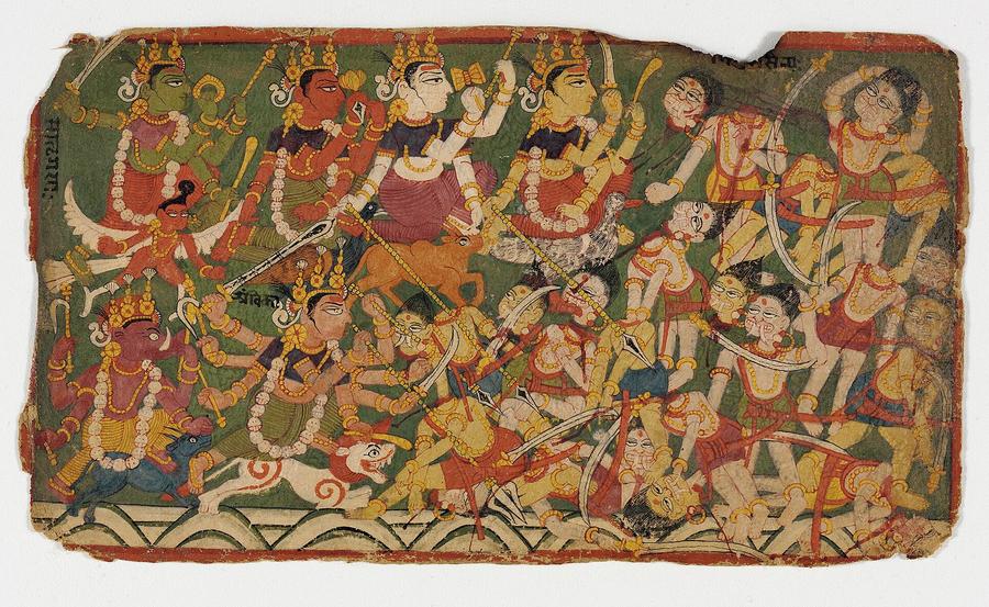 Illustrated manuscript folio showing the Goddess Ambika leading the Matrikas, the Mother Goddesses, into battle against demons, each riding her vahana