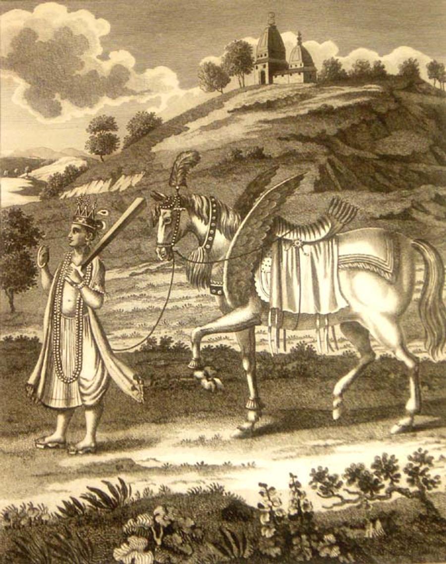 Engraving of Kalki, Vishnu's final avatar, leading a winged white horse below a hilltop temple.