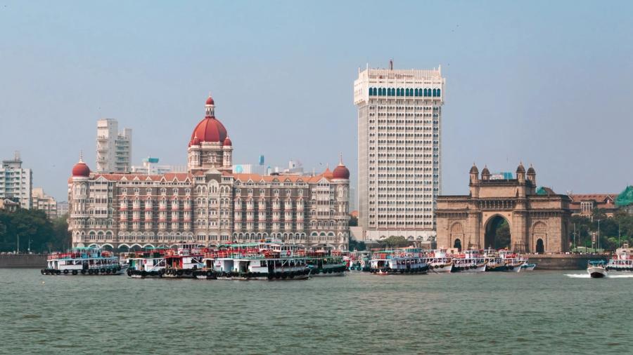 The Taj Mahal Palace Hotel and the Gateway of India seen from Mumbai harbour