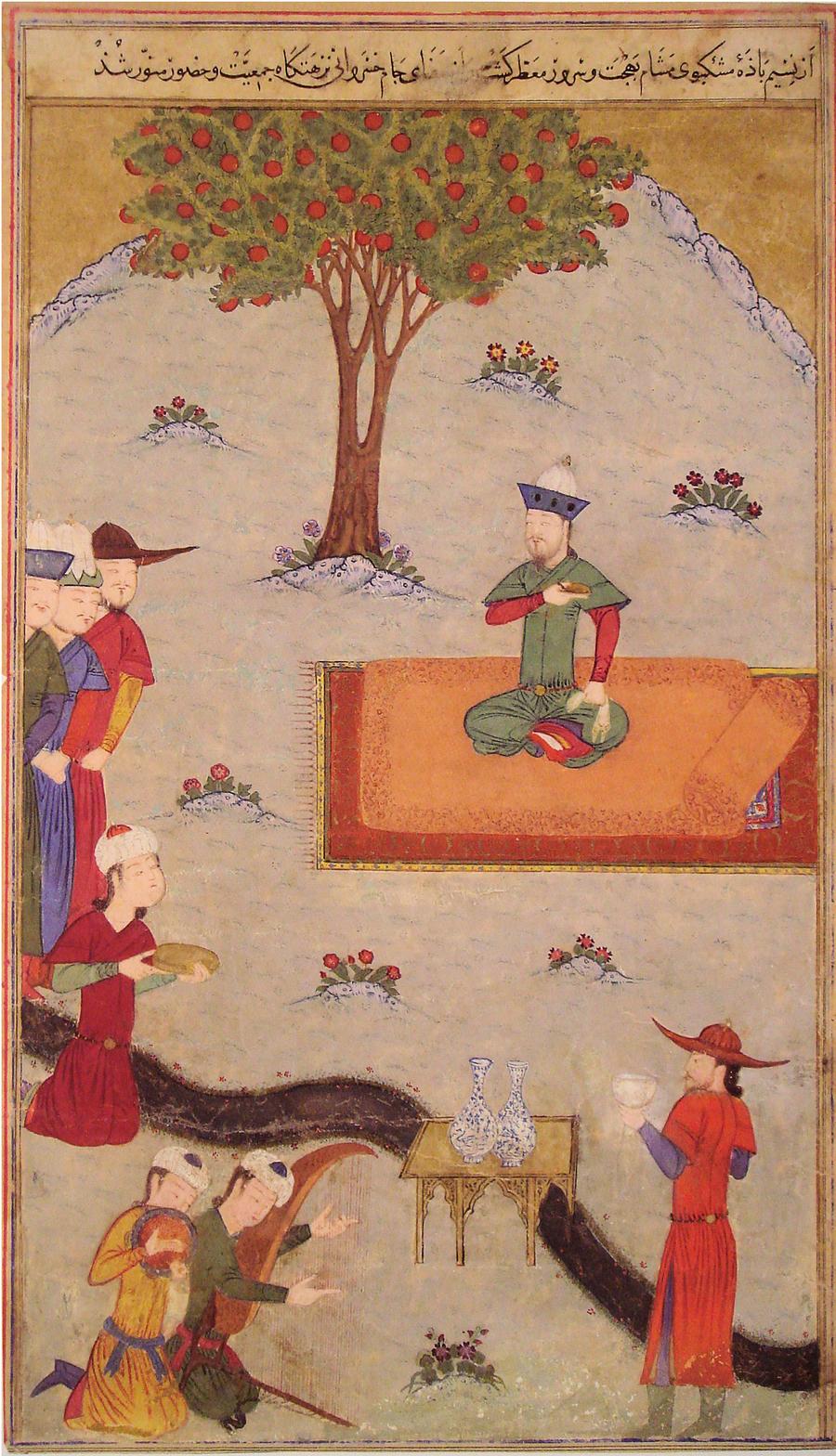 A Persian miniature painting of Timur seated on a carpet beneath a fruit tree, receiving attendants and musicians in celebration of his 1398 conquest of Delhi.
