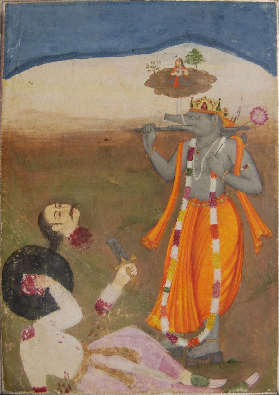 Pahari painting of the boar avatar Varaha before the slain demon Hiranyaksha, the earth-goddess balanced on his tusk.