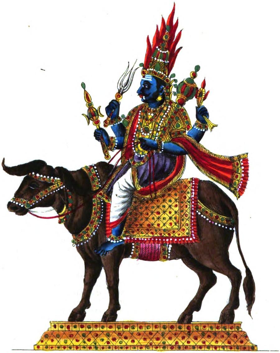 Painted illustration of the blue-skinned deity Yama riding his buffalo mount, holding a mace