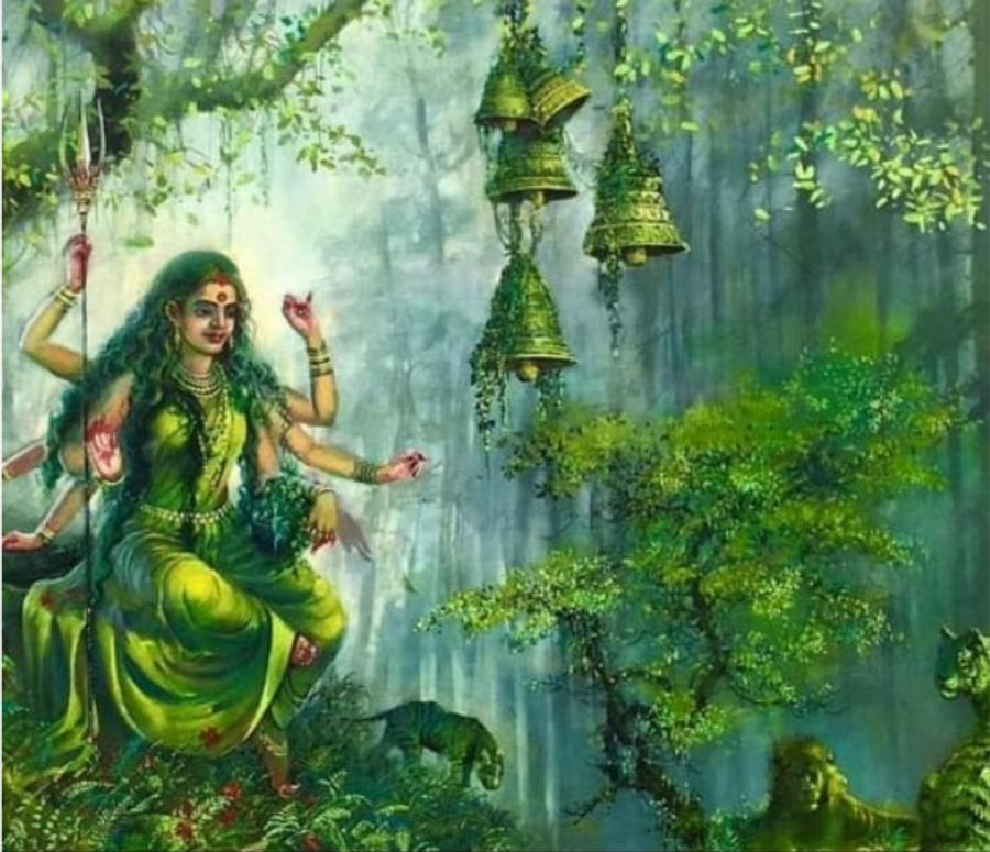 Painting of the forest goddess Aranyani seated in a green woodland with hanging bells and wild animals.