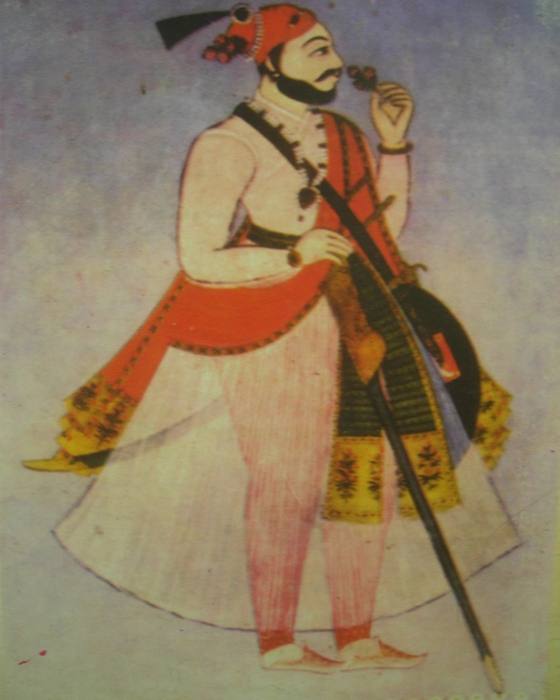 Late 17th-century Deccani miniature portrait of Chhatrapati Sambhaji Maharaj, seated and holding a flower, from the Parasnis Collection