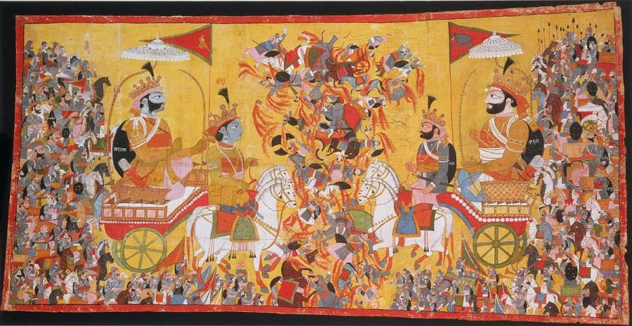 A traditional Indian painting of the Kurukshetra War, showing the Pandava hero Arjuna with his charioteer Krishna facing the Kaurava commander Karna