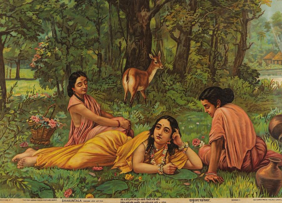 Painting of Shakuntala reclining on the grass in a forest hermitage, writing a love letter to King Dushyanta on a lotus leaf while two companions and a deer look on