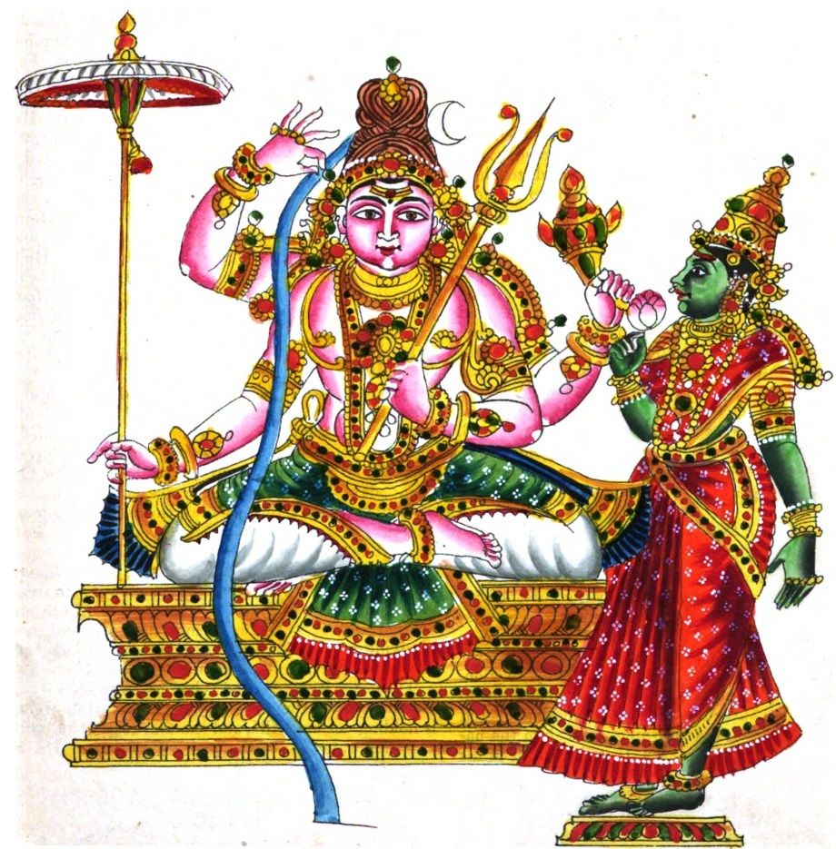 Traditional painting of the Ganga descending as a blue stream from Shiva's matted locks, Parvati beside.
