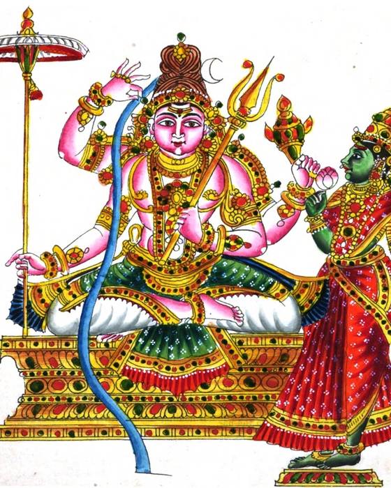 Traditional painting of the Ganga descending as a blue stream from Shiva's matted locks, Parvati beside.