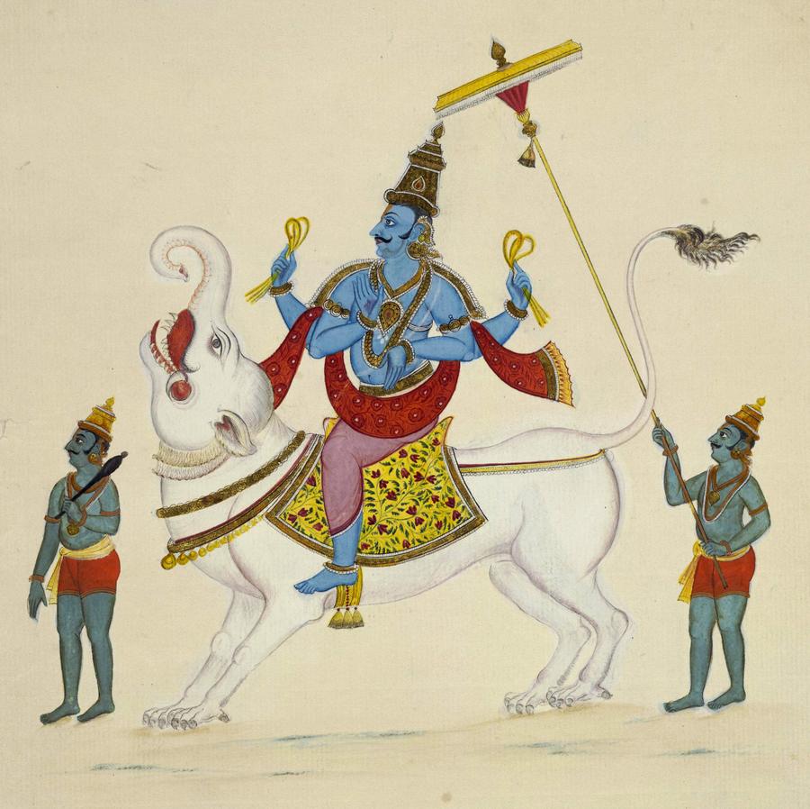 Traditional painting of blue-skinned Varuna riding his makara mount, holding a noose.