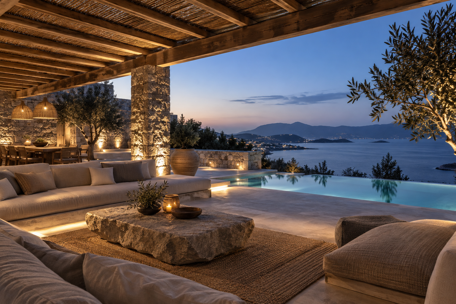 Pergola lounge in the evening