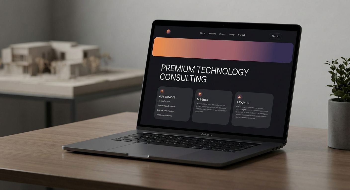 Dark-themed Octoco Consulting website interface showcasing gradient accent from orange to purple