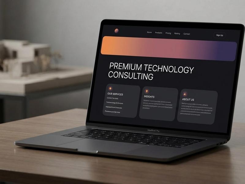 Dark-themed Octoco Consulting website interface showcasing gradient accent from orange to purple