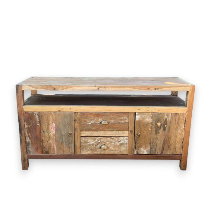 Large Reclaimed Wood TV Stand with 2 Drawers & Open Shelving | Kaiku