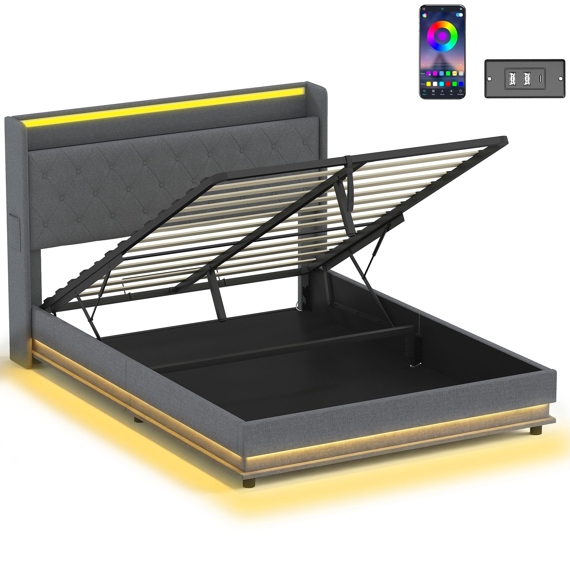 5ft King Bed Frame with Hydraulic Storage and LED Lighting, Grey | Kaiku