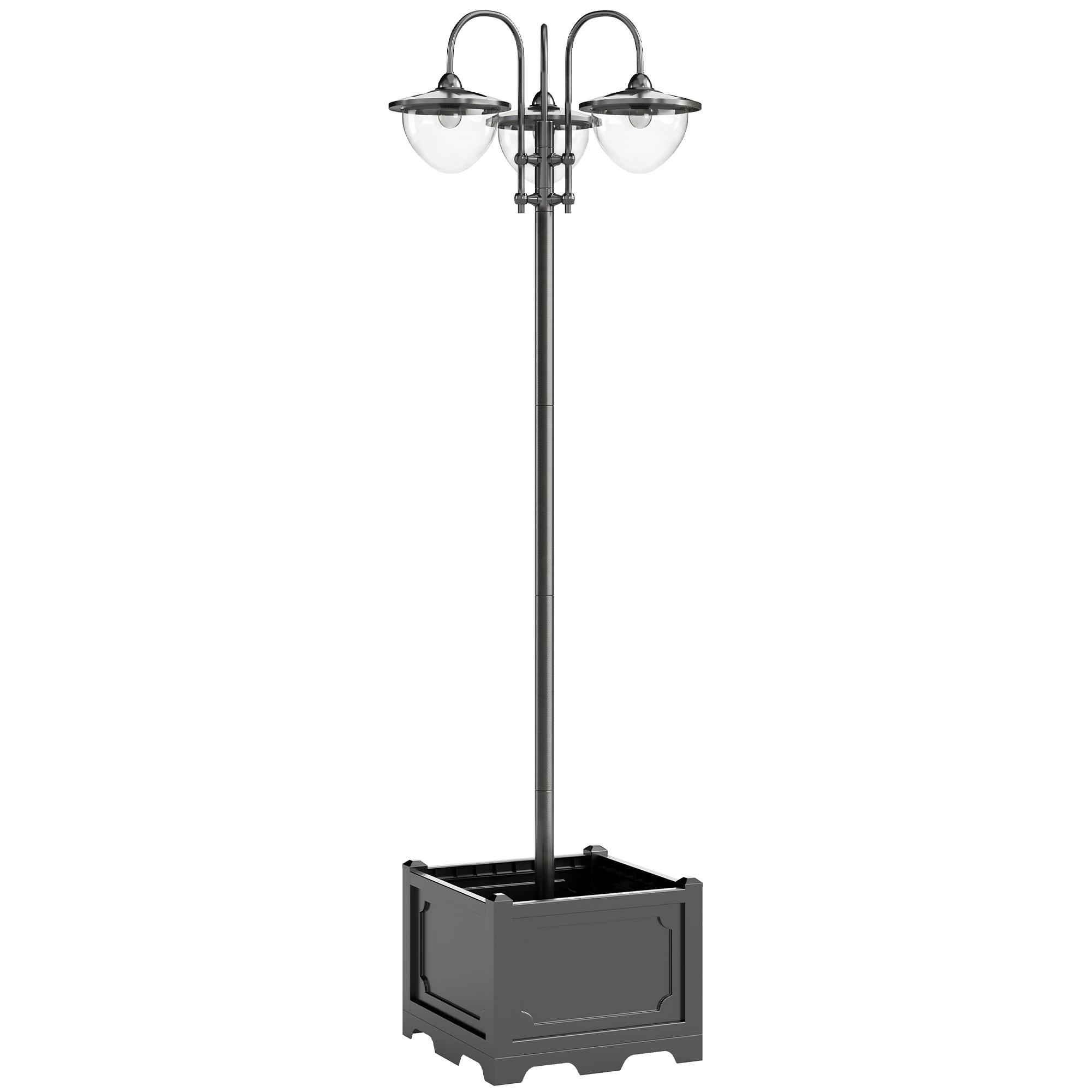Three-Head Solar Lamp Post with Planter, Black | Kaiku