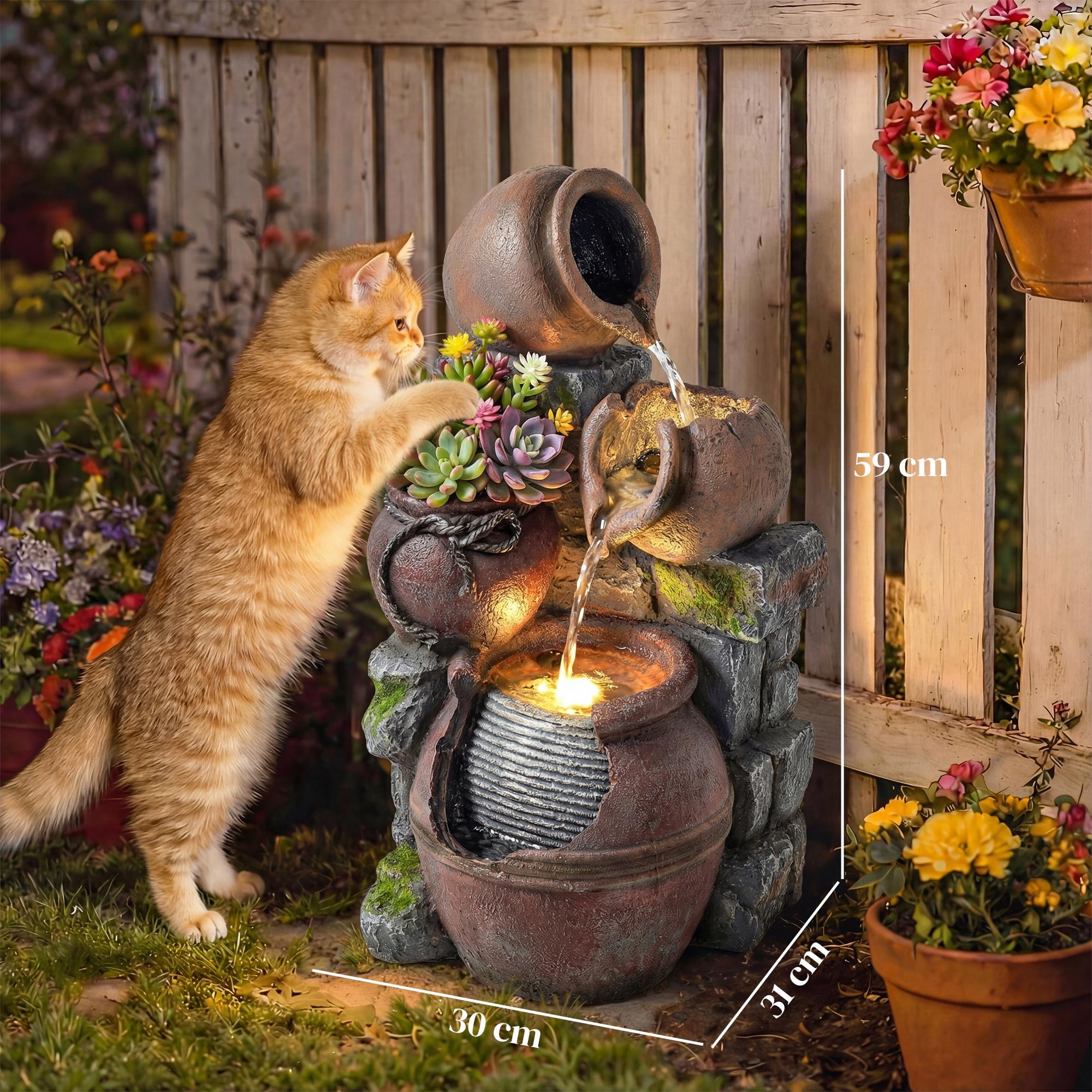 Four-Tier Rustic Pot Fountain with Planter, Rustic Brown | Kaiku