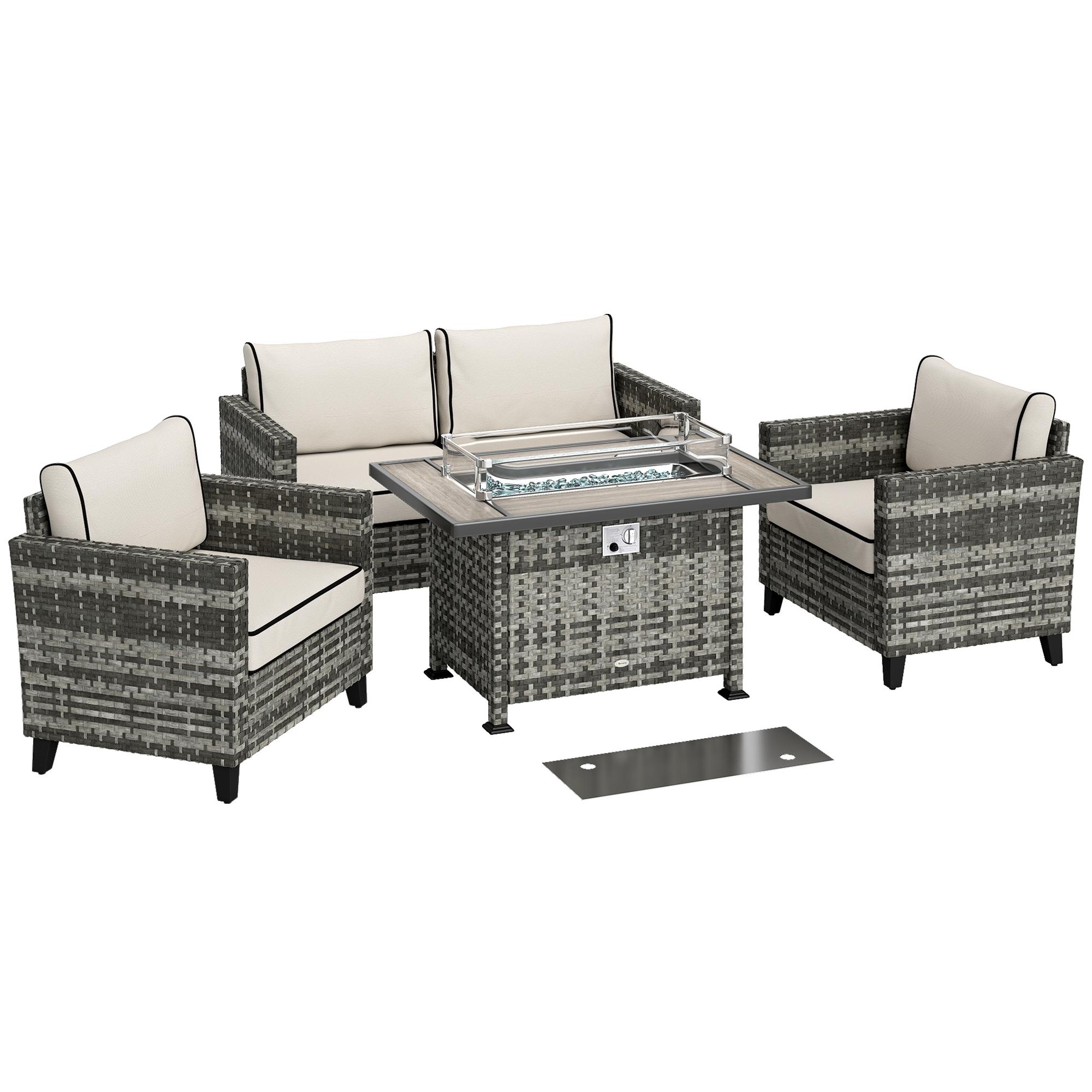 5-Piece Rattan Garden Set with Gas Fire Pit Table, Grey | Kaiku