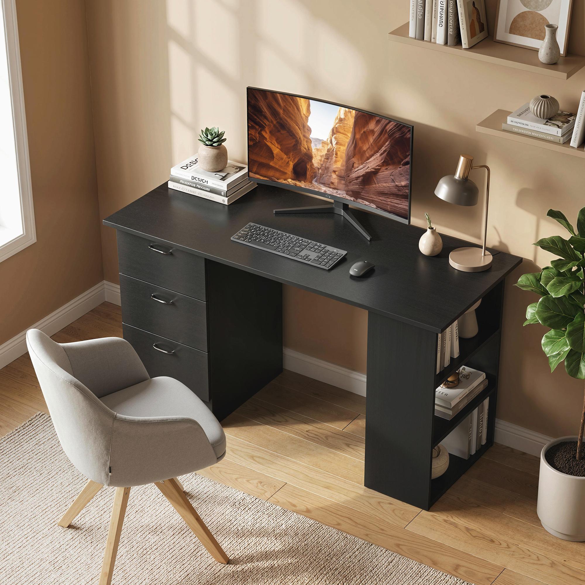 Computer Desk with Three Shelves and Drawers, Black | Kaiku