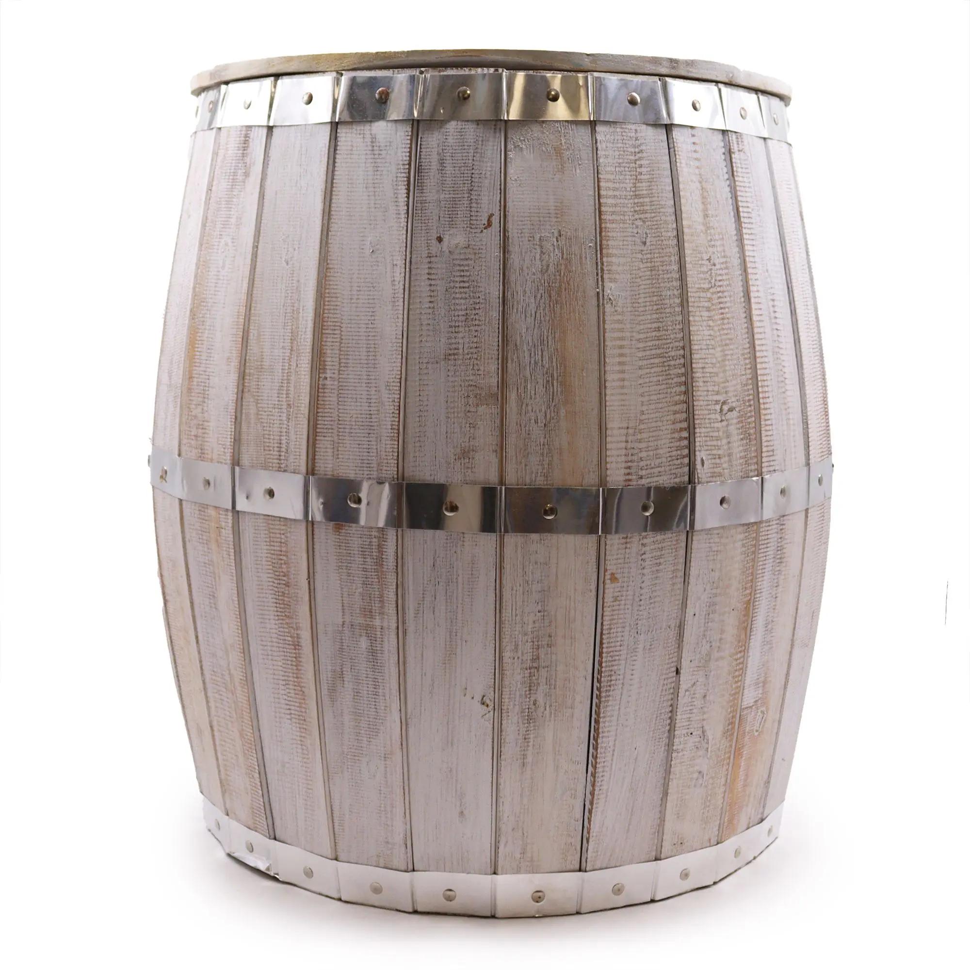 Whitewash-finish wooden barrel with chrome metal bands, on a white background