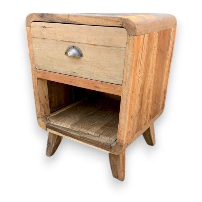Round Reclaimed Teak Bedside Table with Drawer | Kaiku
