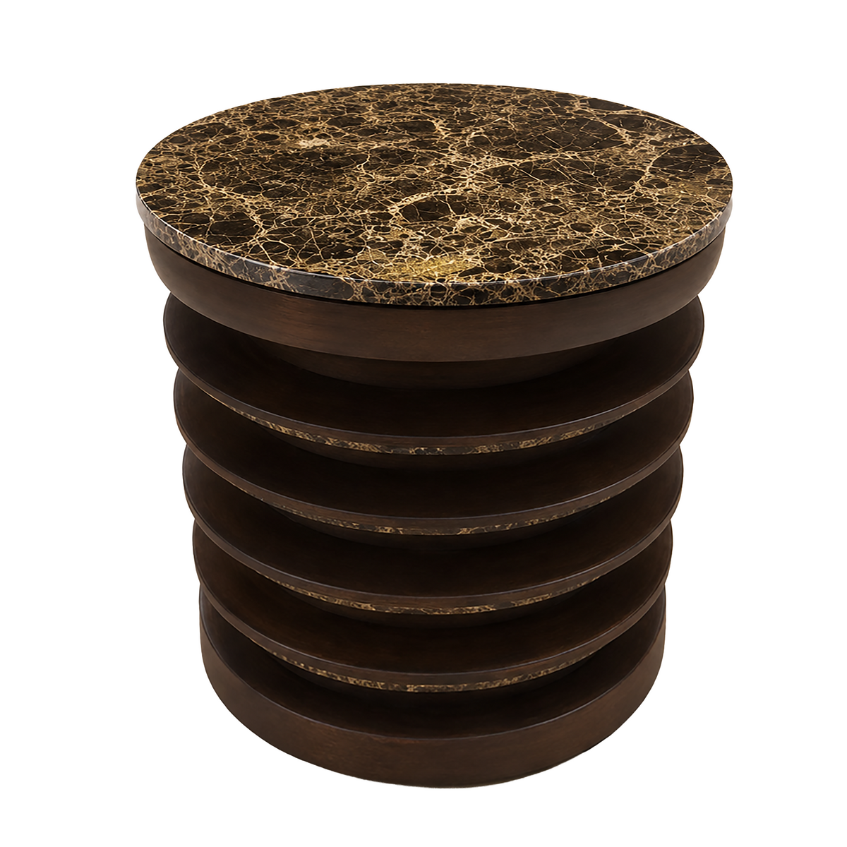 Barola Round Brown Marble and Mango Wood Carved Side Table | Kaiku